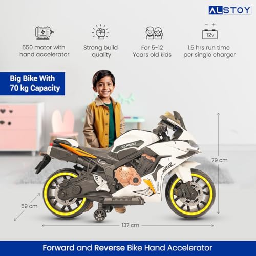 Image of Alstoy RR Kids Electric Ride-On Toy Bike | 12V Rechargeable Battery Operated for Kids | Bluetooth Music | 70kg Capacity | BIS /ISI Approved | Ages 5to12 Years | 6-Month Warranty | Large | Orange+White
