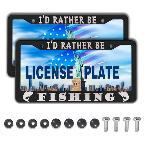 Automotive Exterior Accessories Black and White License Plate Frames I'd Rather Be Fishing Universal Aluminum Car Accessory 2 Pack with Screw Covers Set