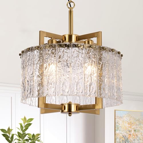 KINGTORO 16" Gold Chandelier Light Fixture,Brass Pendant Modern Crystal Chandelier,Water