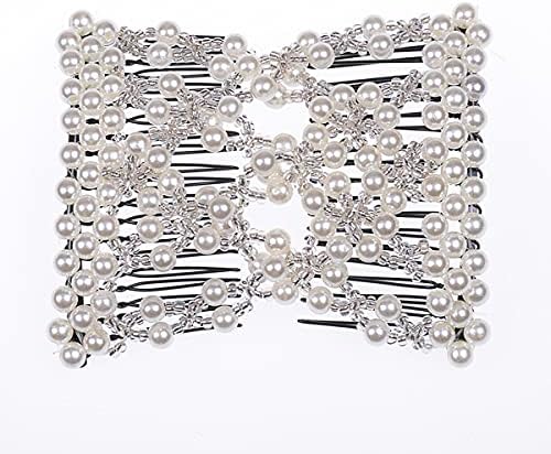 FXQHAN Easy Stretch Beaded Hair Combs Double Magic Slide Metal Comb Clip Hairpins for Women Hair Styling (White)