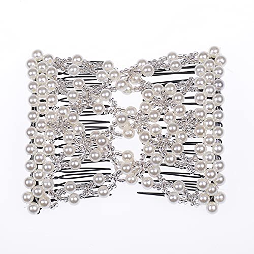 Fxqhan Easy Stretch Beaded Hair Combs Double Magic Slide Metal Comb Clip Hairpins For Women Hair Styling (White) #TOP19