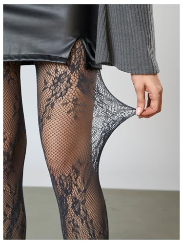 Image of RoseSeek Women's Floral Lace Fishnet Tights Kawaii Y2K See Through Stocking | Sheer Mesh, Lace Tights, Floral Lace Fishnet Tights, Thigh Highs, Leggings, Y2K Stockings