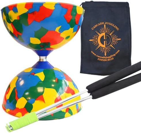Juggle Dream Multicoloured Jester Diabolo with Aluminium 'Metal' Sticks and Carry Bag - Rubber Diablo Set