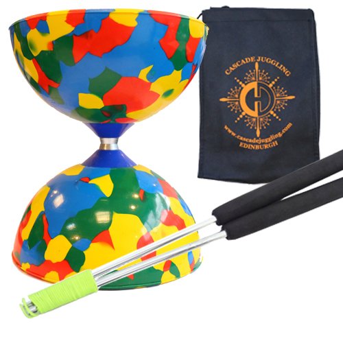 Juggle Dream Multicoloured Jester Diabolo with Aluminium 'Metal' Sticks and Carry Bag - Rubber Diablo Set