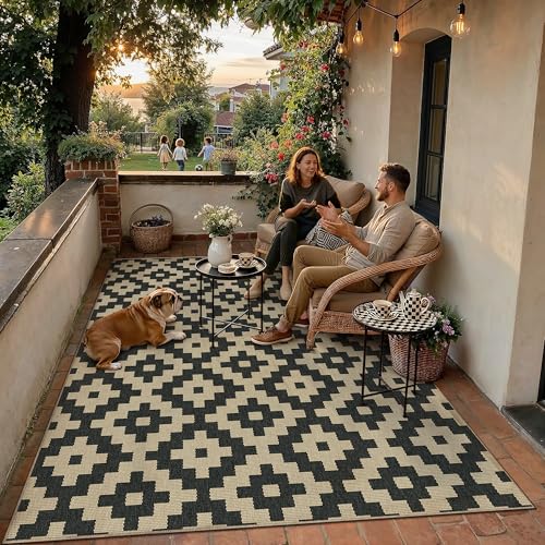 5x8 Indoor Outdoor Area Rug Washable Patio Rug Black Non Slip High Traffic Waterproof Carpet for Living Room Bedroom Backyard Porch Camping RV Balcony Poolside 5'x8' D Black