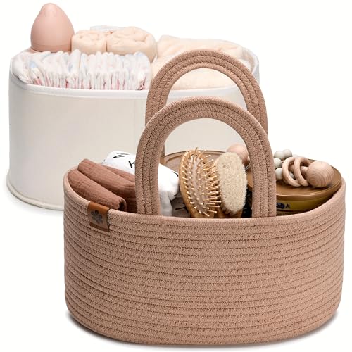 Image of PeraBella 2-in-1 Baby Diaper Caddy Organizer for Changing Table, Cotton Rope Diaper Basket for Boy, Girl,Gift for Baby Shower, Nursery Diaper Organizer, Portable Diaper Storage, Car Caddy Organizer
