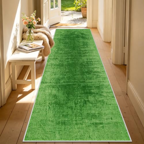 Alfombra larga de salón y entrada verde de diseño resistente 3