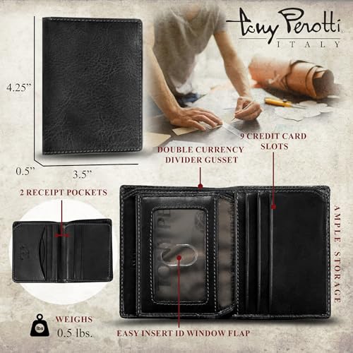 Tony Perotti Men's Italian Leather Bifold Wallet With ID Window Flap, Card Holders, Pockets - Eco-Friendly Vegetable-Tanned Full Grain Leather Wallet Made in Italy2