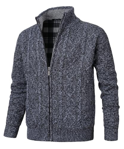 Herothorn Men's Full Zipper Cardigan Stand-up Collar Fleece Jacket Cable Knit Sweater Long Sleeve Cardigan with Pockets Dark Grey