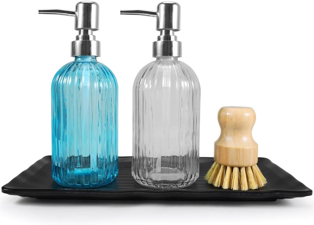 4 Pieces Kitchen Soap Dispenser Set, 2 Pieces Glass Bottle with Sliver Pump, Instant Dry Tray and Bamboo Dish Brush Dish Soap and Hand Soap Dispenser for Kitchen Bathroom