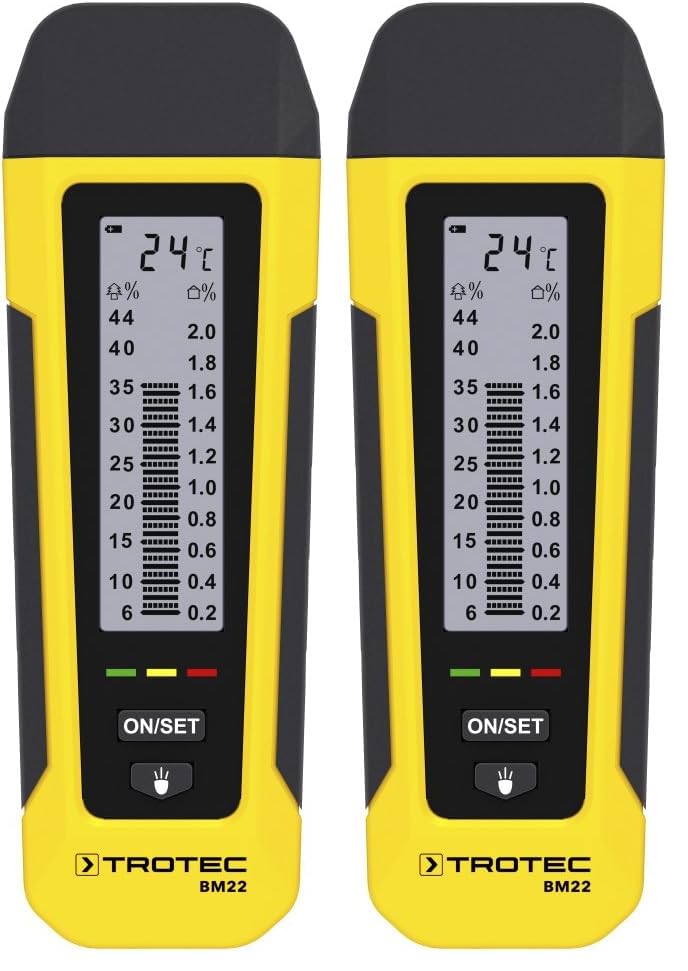 TROTEC Medidor de Humedad de la Madera, Temperatura y Materiales BM22, Linterna LED, Portátil, Indicador de Humedad LED, Portátil, Clip para Bolsillo (Paquete de 2)