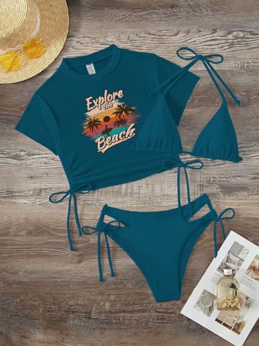 Image of Sexybody Women's 3 Piece Swimsuit Halter String Bikini Tie Side Mesh Short Sleeve Bathing Suits