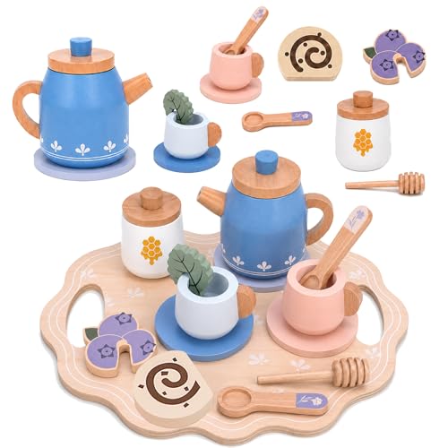 GYMSTR Toys for 2 3 4 5 Year Old Girls Boys Gift Wooden Tea Set for Toddlers Pretend Play Kids Toy Tea Set Toy Kitchen Accessories---Christmas Easter Birthday Present