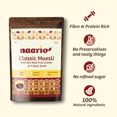 Image of Naario Classic Muesli | Zero Added Sugar | Real Fruit and Nuts | Keeps You Full 3-4 Hours | No Preservatives | Oat-Based | Ready in 2 Minutes | 250g