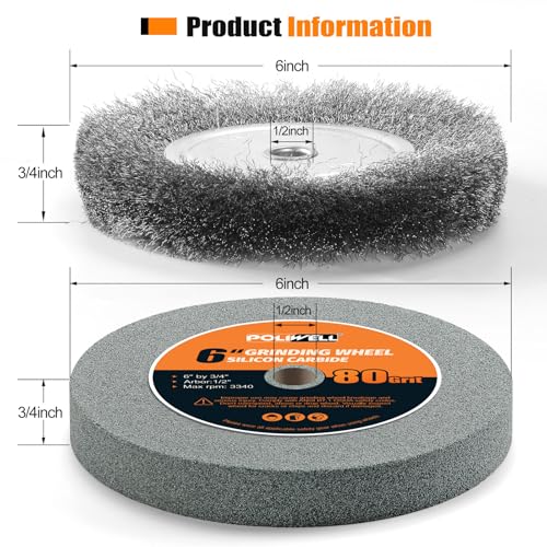 6 Inch Bench Grinder Grinding Wheel & Wire Wheel Brush with 1/2'' Arbor, 80 Grit Silicon Carbide Bench Grinding Wheel for Bench Grinder,for Drill Bits, Blades and Knifes Cleaning Polishing Sharpening by POLIWELL - Image 2