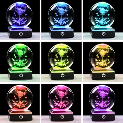 Image of 3D Crystal Ball Glass Rose Flowers Gifts for Wife Mom Home Decor Snow Globe Ornament with LED Base Night Light, Etched Heart & Rose Figurines I Love You Anniversary Romantic Gift for Women