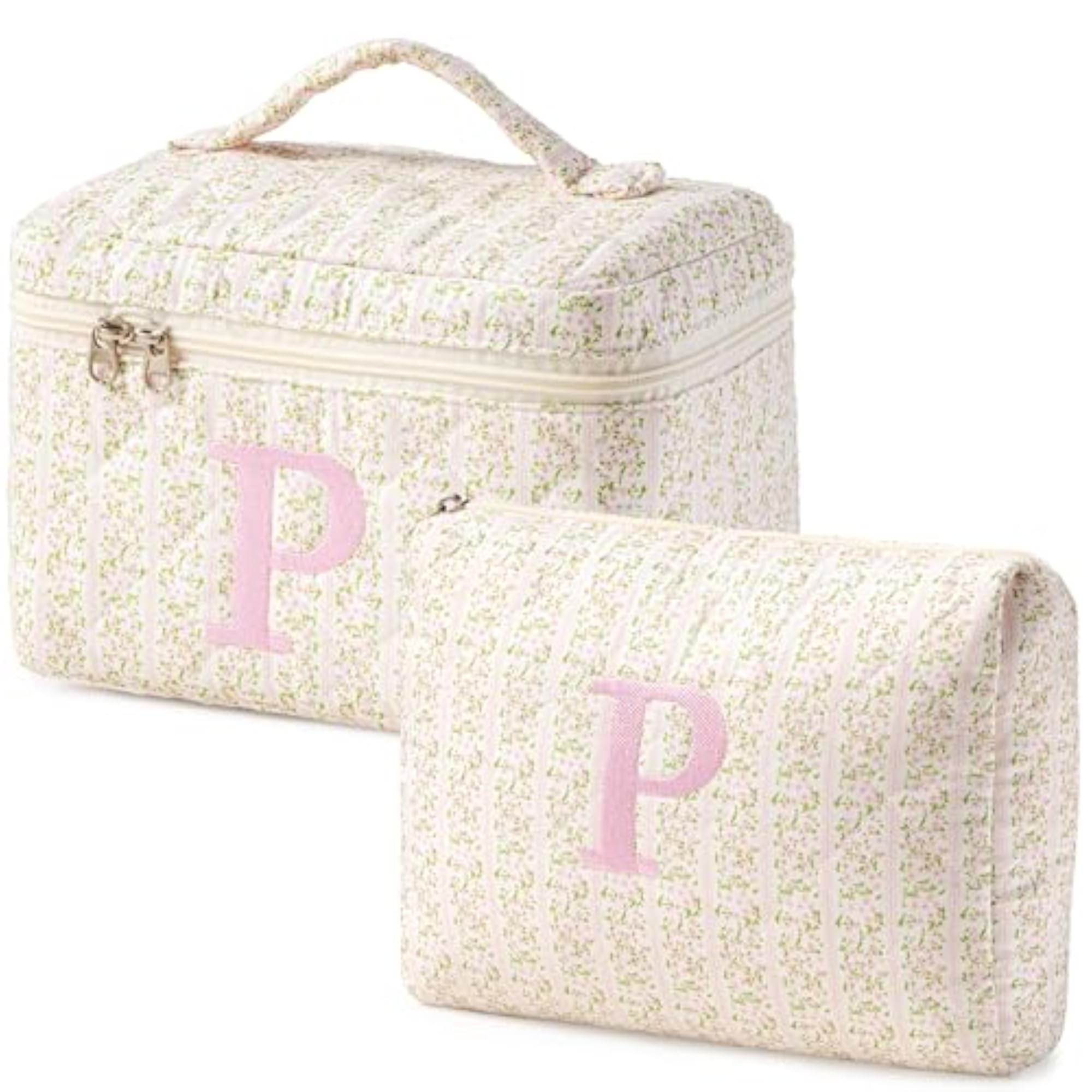 Quilted Cotton Floral Makeup Bag - 2Pcs Set