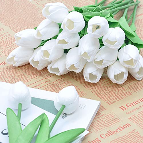 20Pcs Artificial Tulips Pu Touch Single Stem Fake Flower Bouquet Arrangement For Home Party Wedding Decoration (White) #TOP2