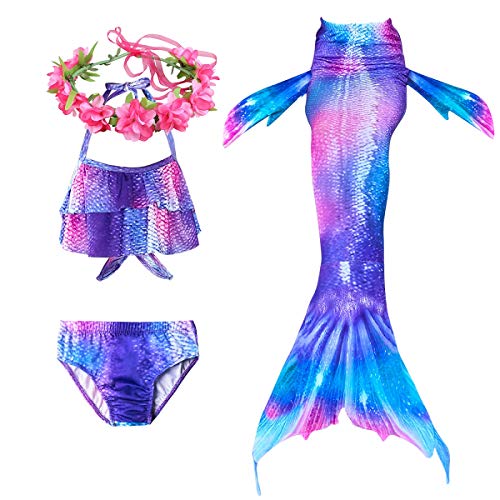 PaisDola Cola de Sirena niña para Nadar Incluido Traje de Sirena baño de Bikini de 3 Piezas y Diadema con guirnaldas de Flores (DH96RH,120)