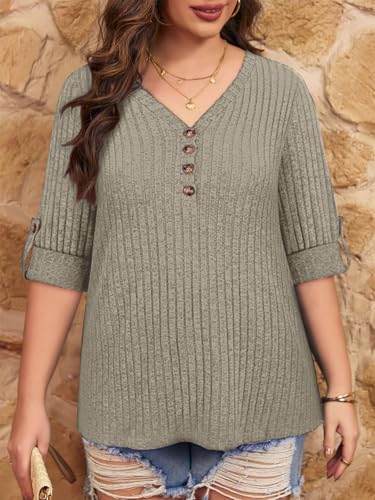 Image of Koscacy Women Plus Size V Neck 3 /4 Roll Sleeve Sweater Casual Knit Tops Solid Color Blouses