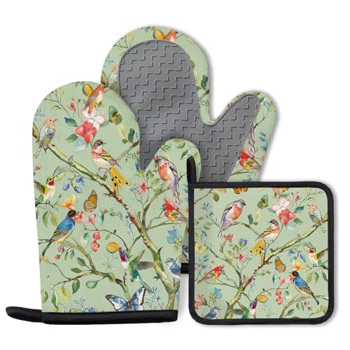 Bird Oven Mitts and Pot Holders Sets 3PCS, Floral...