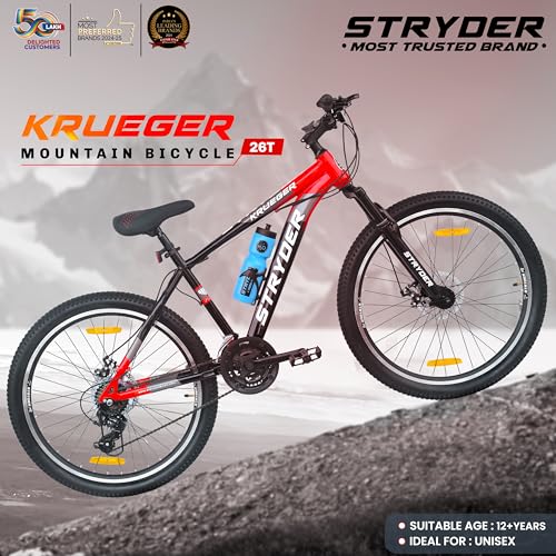 Image of Stryder 26T Krueger 21S Gear Mountain Cycle (Black-Teal Green) - 21-Speed | Front Suspension | Dual Disc Brakes | Steel Frame | Double Wall Alloy Rims | Unisex MTB Bicycle (Black::Red)