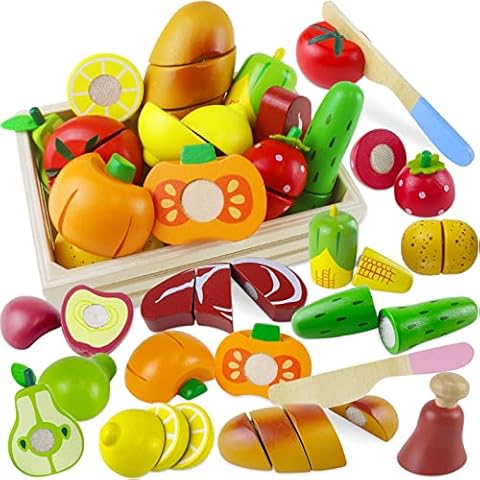 Beberolen Kinderküche Spielküche Zubehör aus Holz I Holzspielzeug Küchenspielzeug Schneiden Obst Gemüse Lebensmittel Holz mit Klett-Verbindung für Kinder I Lernspielzeug Rollenspiele Geschenk Cover
