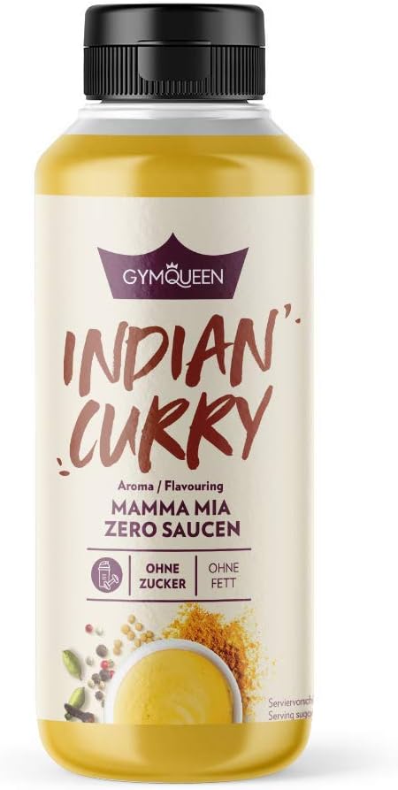 GymQueen Mamma Mia Zero Sauce, reduced calorie, no fat & no sugar added, to refine dishes or as salad dressing, vegetarian, Indian Curry