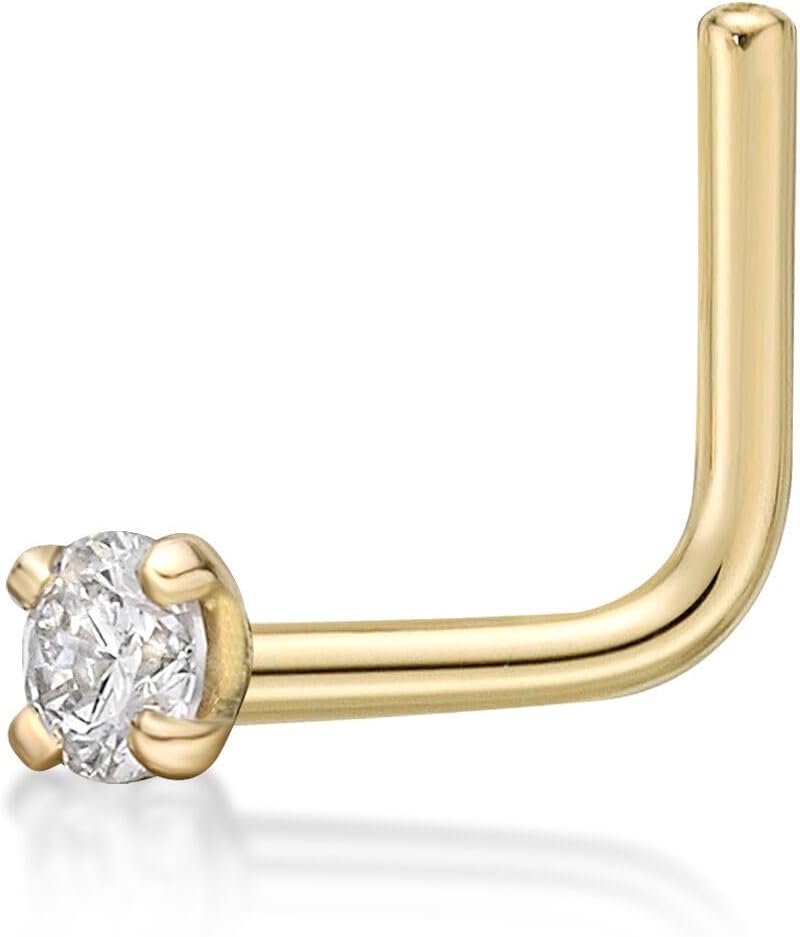 Lavari Jewelers 20 Gauge 0.01 to 0.07 Carat Lab Grown Diamond L-Shaped Nose Stud for Women - 14k White Gold 1.3 to 2.7 (D-E, VVS1-VVS2 to I2-I3, cttw) Nose Ring - 20G Unisex Nostril Piercing Jewelry