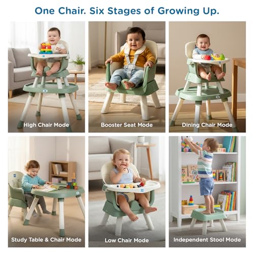 Image of Mee Mee Little Scholar Baby High Chair for Baby Feeding, 5-in-1 Convertible Kids Feeding Chair Compact Fold with High Adjustable, Play Chair Booster, Travel Friendly, 0.5 to 3 Years Kids (Green)