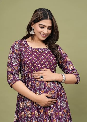 Image of Women's Feeding Kurta Cotton | Floral Anarkali Pregnancy Kurta with Nursing Zipper | Pre & Post Partum | Maternity Dresses | Mom to Be Gift