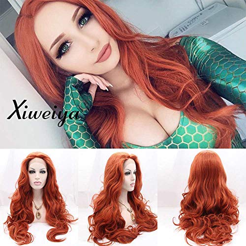 Xiweiya Long Auburn Lace Front Wig Cooper Red Wavy Synthetic Lace Front Wigs Heat Resistant Fiber Natural Hairline Red Hair Replacement Wig 24 inch…