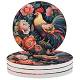 Flowers Rootser Feathers Coasters Set of 4 Absorbent Coasters 4 Inches Round Ceramic Coasters for Drinks Coaster for Coffee Table Office Summer Outdoor Home Decor