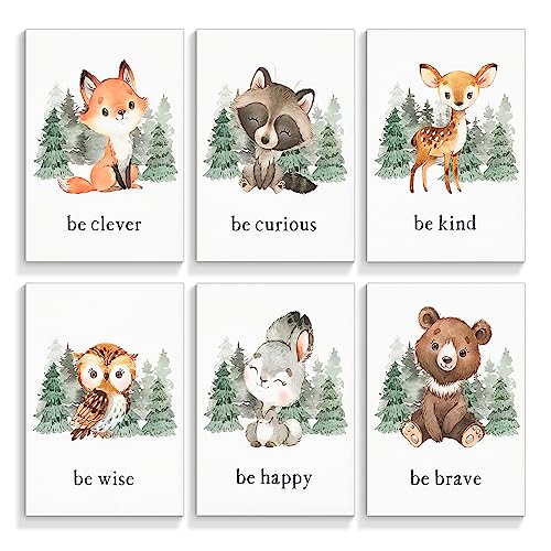 Image of gooptyinh Woodland Nursery Animal Canvas Wall Art, 6 Piece Inspirational Forest Animals Print Posters, Motivational Quotes Cute Bear Fox Rabbit Deer Raccoon Owl Decor for Baby Bedroom 12x16in Unframed
