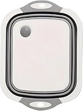 Tábua de Corte com Escorredor Dobrável, em Plástico, Cinza e Branco, com Alças – 3 em 1 para Cozinha