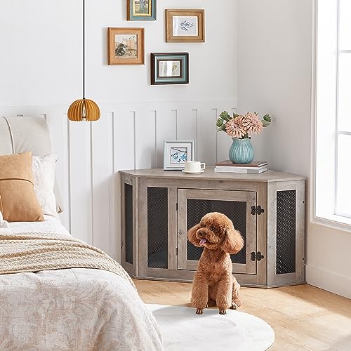 MAHANCRIS Eck Hundekäfig Möbel, Hundebox für Zuhause, im Innenbereich, 113 x 60 x 60 cm, Haustierkäfig für Kleine und Mittelgroße Hunde, Multifunktional, Vintage-Stil, Verwittertes Grau ADCHG0801