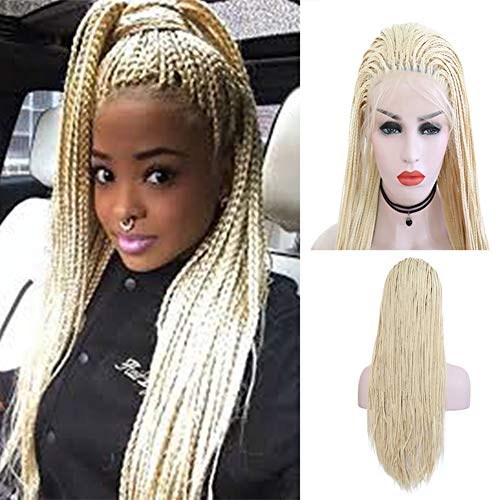 RONGDUOYI Micro Braided Lace Front Wig Long Blonde Braided Synthetic Heat Resistant Fiber Wigs with Baby Hair For Women(24 Inch)
