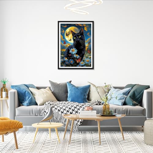 Image of HEIBAGO Black Cat Diamond Art Kits for Adults, Animal Diamond Painting Kits for Adults Beginners, 5D Full Drill Round Moon Diamond Art Painting, DIY Diamond Dots for Adult for Home Wall Decor 12x16 In