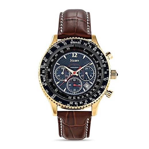 Stauer Flyboy Blue Watch for Men – Military Chronograph Watch w/3 Tachymeters & Date Window – Round Dial Mens Watches w/Stainless Case & Brown Leather Band – Gold Finished Water Resistant Watch