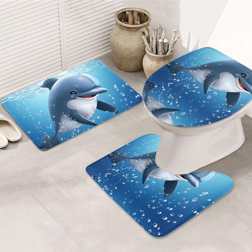 Dwrepo Dolphin Print Bathroom Rug Set 3 Piece with Non-Slip U-Shaped Contour Mat and Toilet Lid Cover for Bathroom Decoration