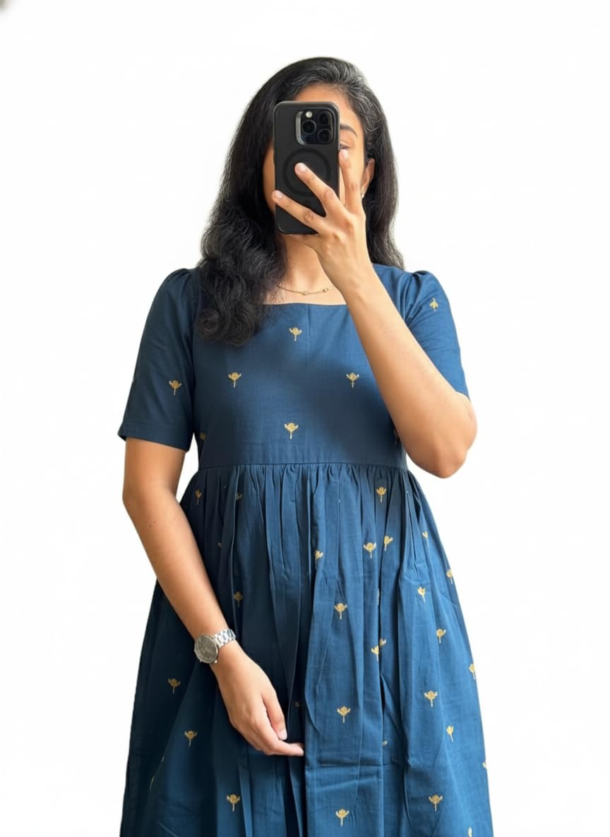 hbkart Women's Blue Printed Midi Frock Kurti | Soft Fit & Flare Dress | Square Neck, Half Sleeve | Casual Summer-picture-55