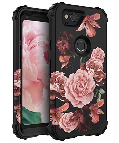 RabeMall Google Pixel 2 Case Unique Pretty Flowers for Girls/Women Anti-Fingerprint Three Layer High Impact Resistant Hybrid Shockproof Protective Cover,Floral Black