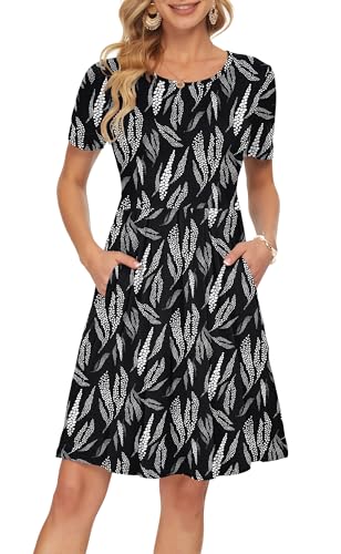 Image of AUSELILY Women's Short Sleeve Pleated Swing Summer Dress with Pockets | Knee-length short sleeve dress, empire waist & pockets, ideal for casual daily wear and vacation