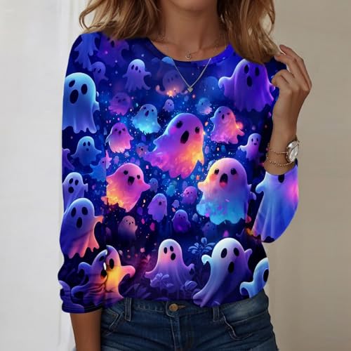 Halloween Shirts for Women Long Sleeve Plus Size Fashion Crewneck Comfortable Tshirts Halloween Costumes for Women