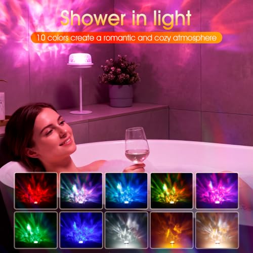 Image of Neoglint Waterproof Shower Lamp, RGB Water Ripple Projector Light | IP65 Waterproof Ocean Wave Bathroom Lamp, 4000mAh Battery, 16 Colors and 3 Warm Whites, Quiet Rotation Timer