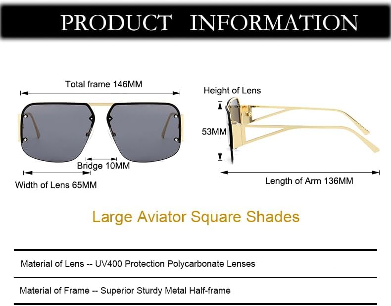 Women Trendy Large Aviator Sunglasses Men Retro Metal Rimless Square Frame UV400 Lens - Image 5