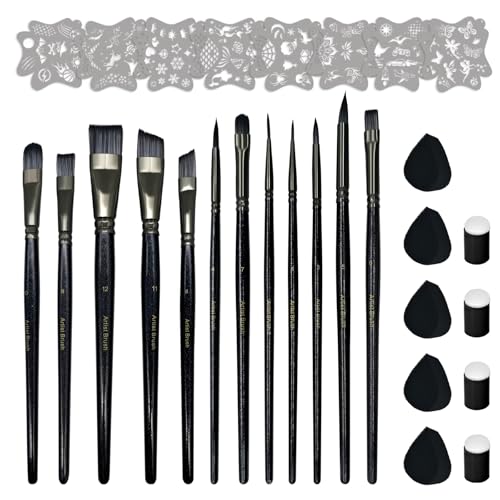 12 Pcs Paint Brushes Set for Adults & Beginners | Multi-Purpose Acrylic Oil Watercolor Paintbrushes | Fine Tip Flat & Round Brushes for Canvas Wood Face Painting | with Art Stencils & Sponges