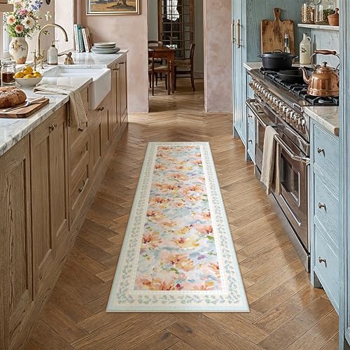 2x6 Washable Runner Rug Blue Floral Abstract Hallway Kitchen Throw Rug Modern Non Slip Soft Low Pile Carpet for Bathroom Laundry Bedroom Living Room 2