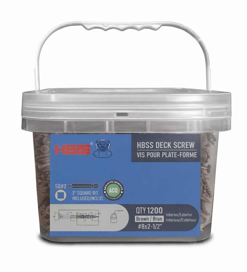 1200 pcs #8 x 2-1/2" Wood Screws – Square Drive, Exterior Grade, Brown Ruspert Coating, Deck Screws with 2" S2 Bits Included