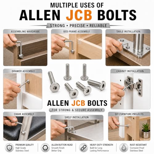 Image of By inchVP INDUSTRIES inch (Pcs-15) M8x20 mm Allen JCB Flat Head Screw Nickel Plated High Tensile | Allen key Head Screw for Modular Furniture, Wooden Work, Electrical Fittings, DIY & Industrial Use